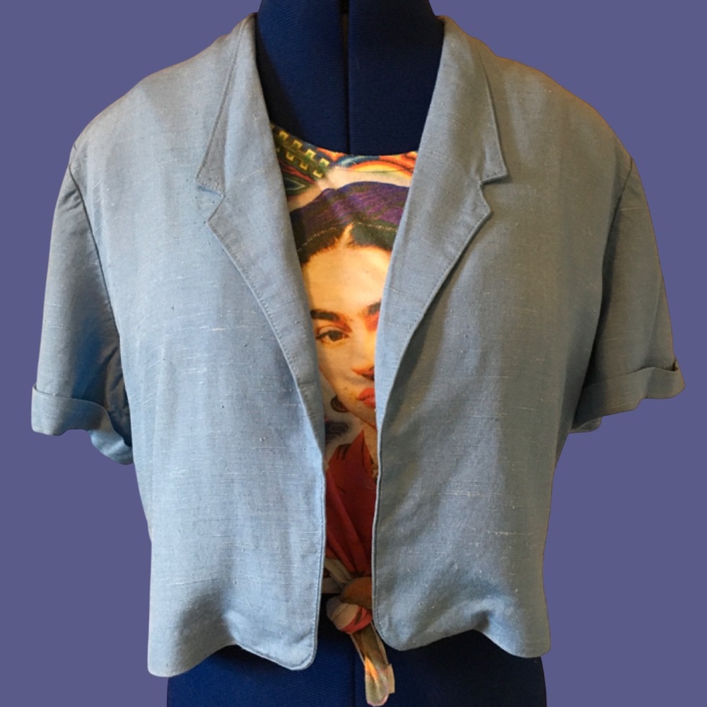 Handmade Vintage Slub Linen Cropped Jacket Blue M/L